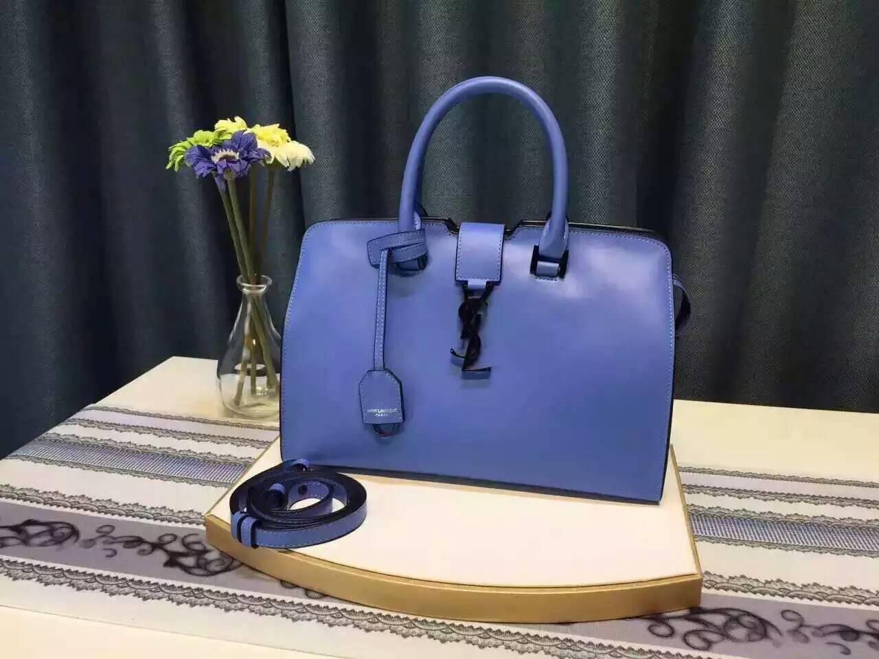 Limited Edition!2016 YSL Collection Outlet-Saint Laurent Small Monogram Cabas Bag in Royal Blue Leather