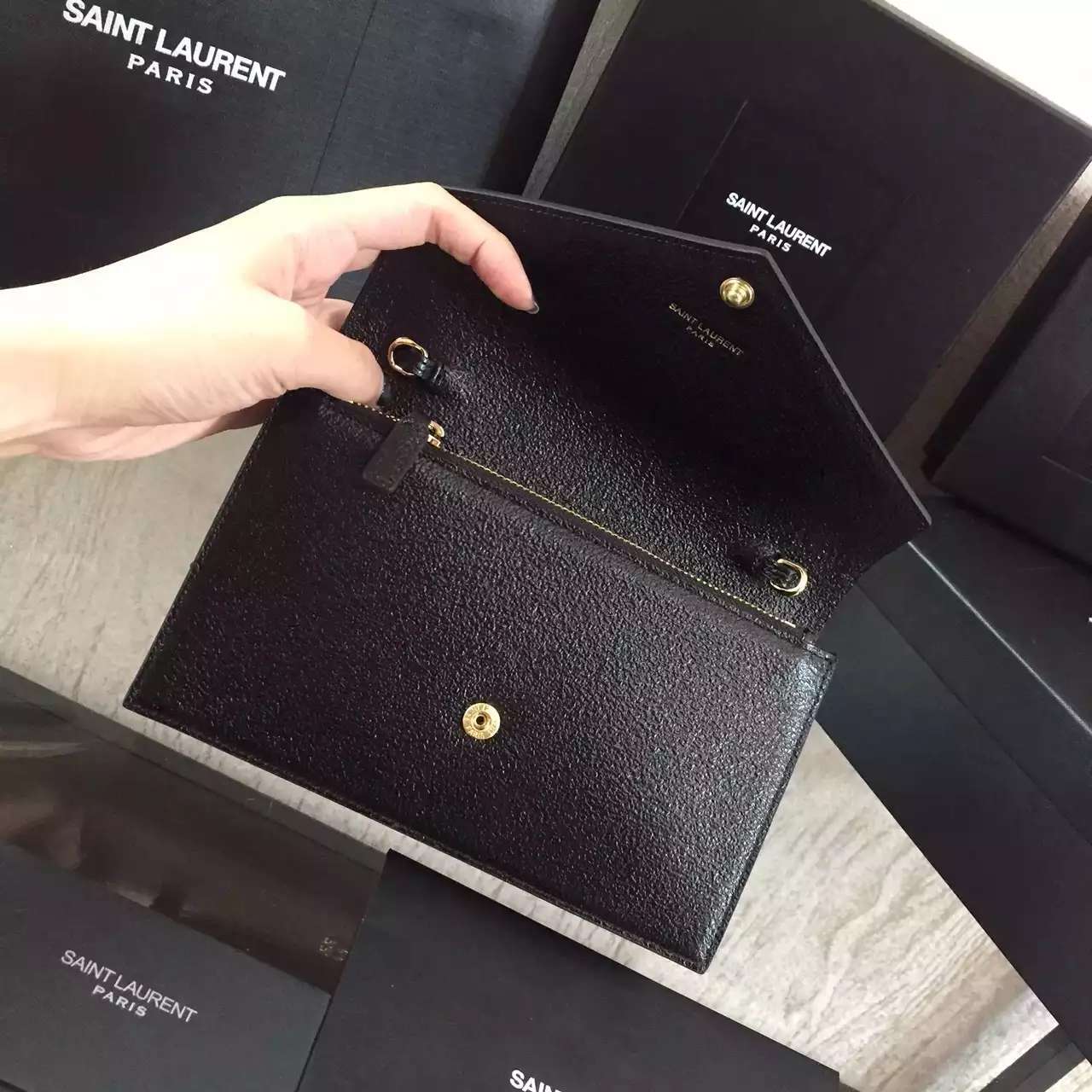 2016 Cheap YSL Out Sale with Free Shipping-Saint Laurent Monogram Envelope Chain Wallet in Black Grain Leather - Click Image to Close
