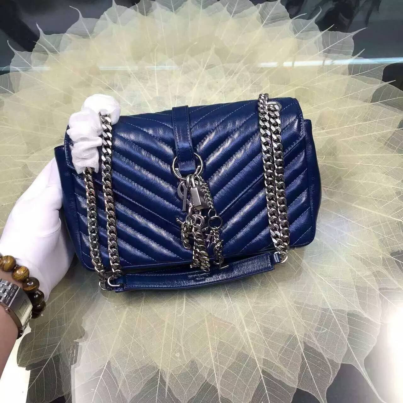 2016 Cheap YSL Out Sale with Free Shipping-Saint Laurent Classic Medium Baby Monogram Satchel in Blue Matelasse Leather Silver