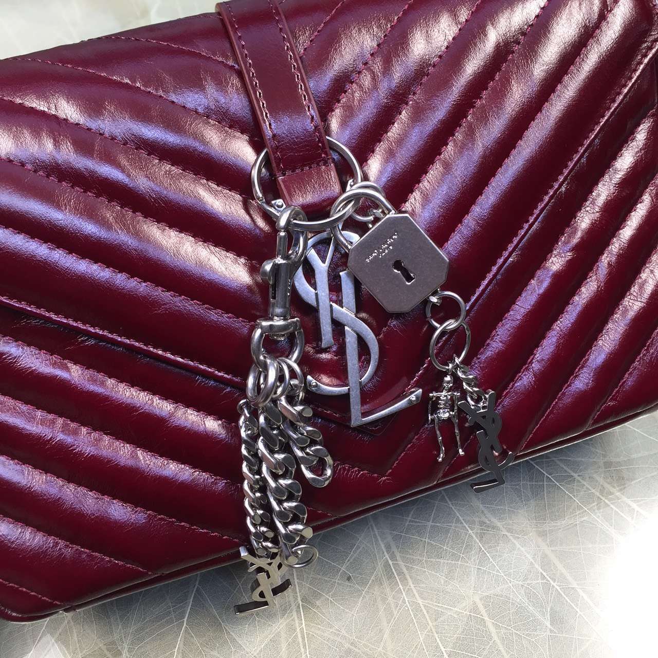 2016 Cheap YSL Out Sale with Free Shipping-Saint Laurent Classic Medium Baby Monogram Satchel in Bordeaux Matelasse Leather Silver - Click Image to Close