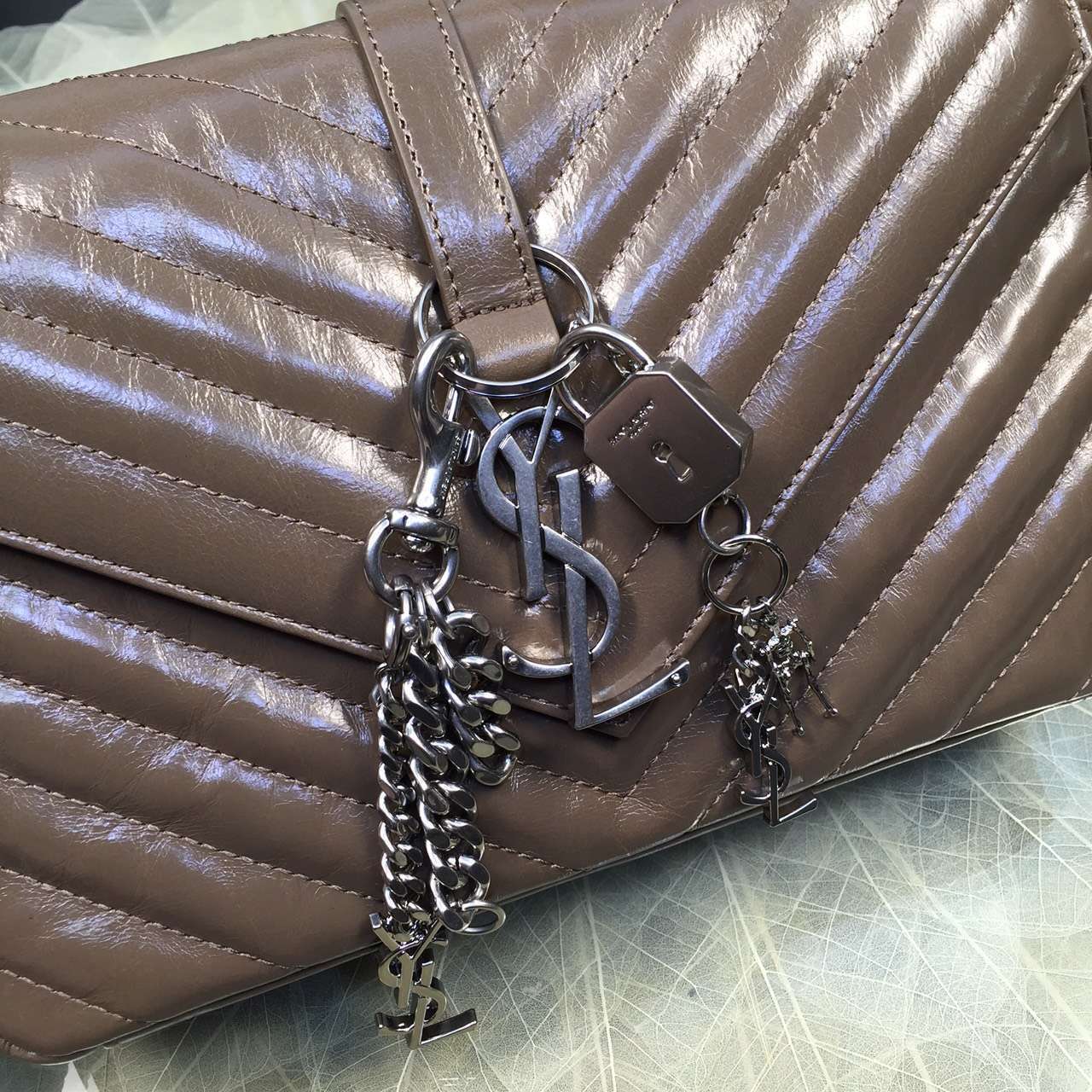 2016 Cheap YSL Out Sale with Free Shipping-Saint Laurent Classic Medium Baby Monogram Satchel in Khaki Matelasse Leather Silver - Click Image to Close