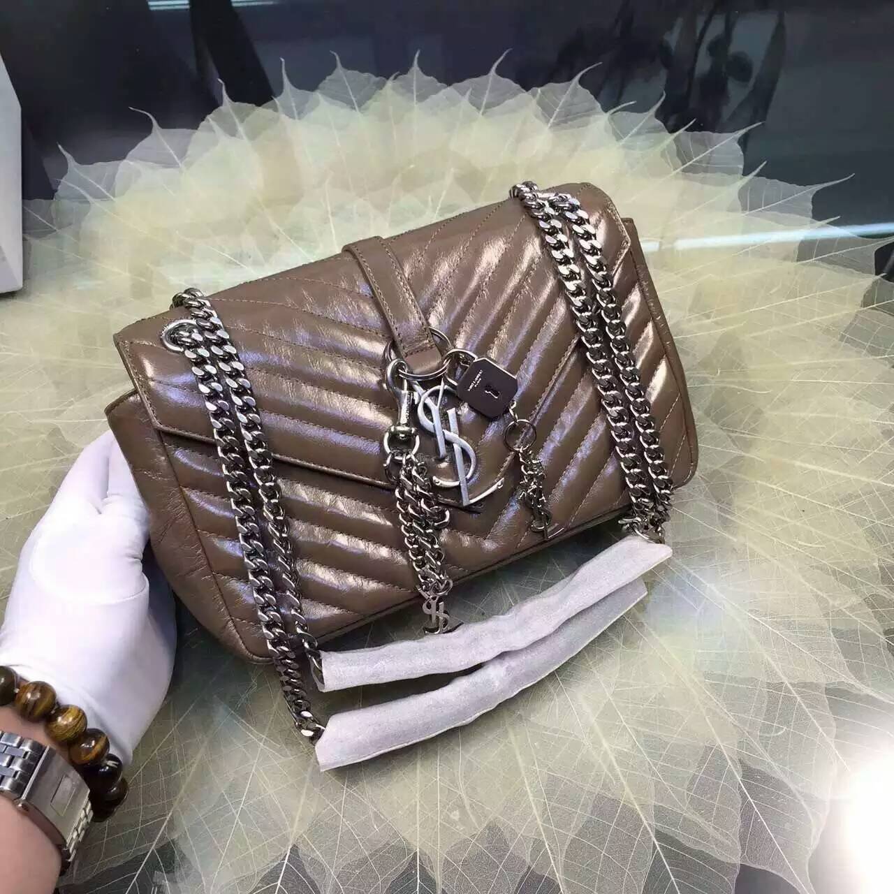 2016 Cheap YSL Out Sale with Free Shipping-Saint Laurent Classic Medium Baby Monogram Satchel in Khaki Matelasse Leather Silver - Click Image to Close