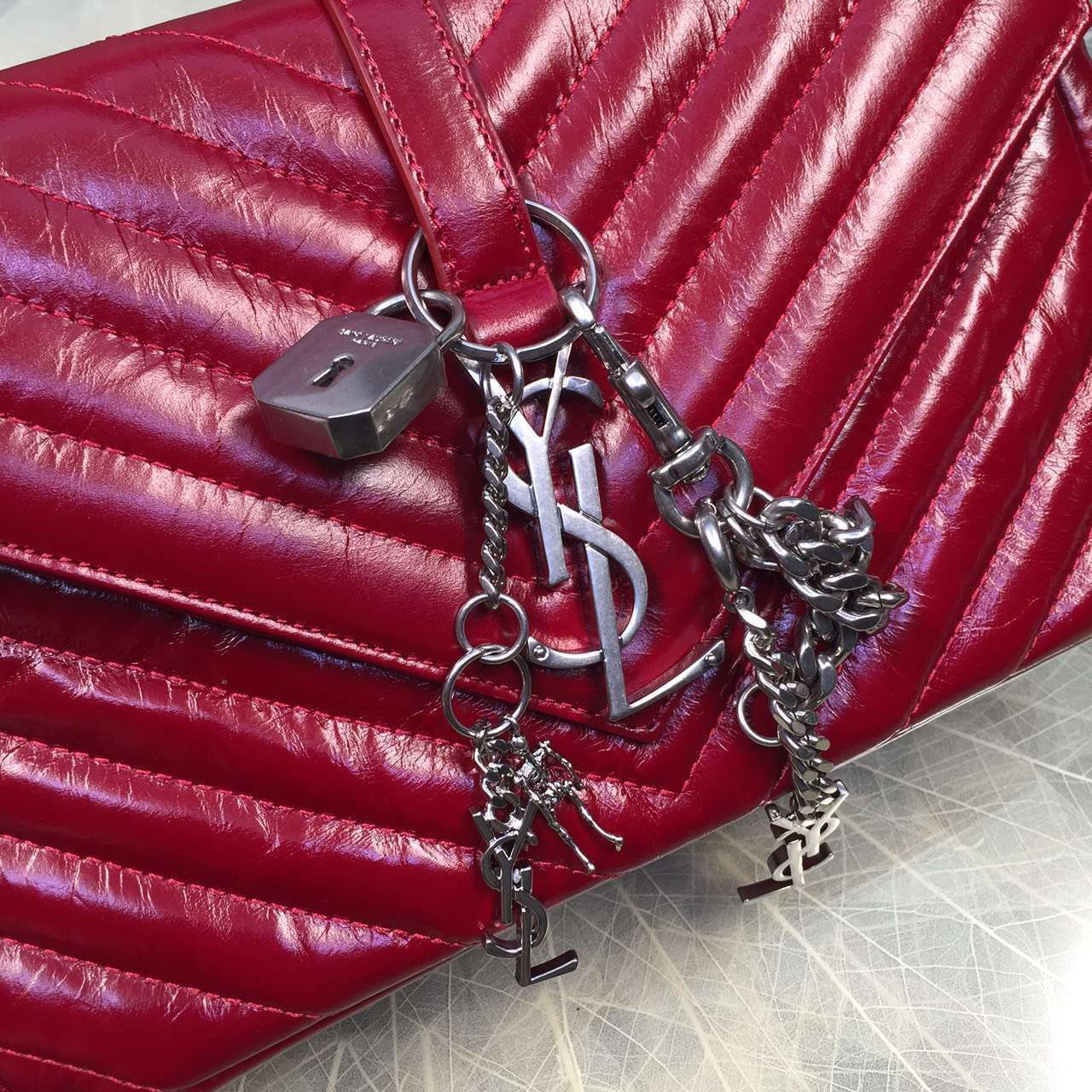 2016 Cheap YSL Out Sale with Free Shipping-Saint Laurent Classic Medium Baby Monogram Satchel in Red Matelasse Leather Silver - Click Image to Close