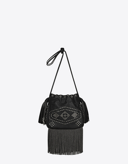 Limited Edition!2016 New Saint Laurent Bag Cheap Sale-Saint Laurent Small Helena Fringed Bucket Bag in Black Leather and Oxidized Nickel