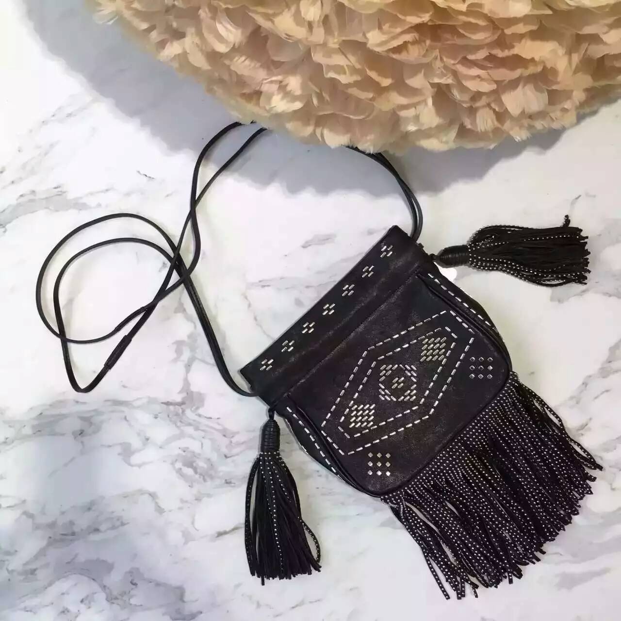 Limited Edition!2016 New Saint Laurent Bag Cheap Sale-Saint Laurent Small Helena Fringed Bucket Bag in Black Leather and Oxidized Nickel - Click Image to Close