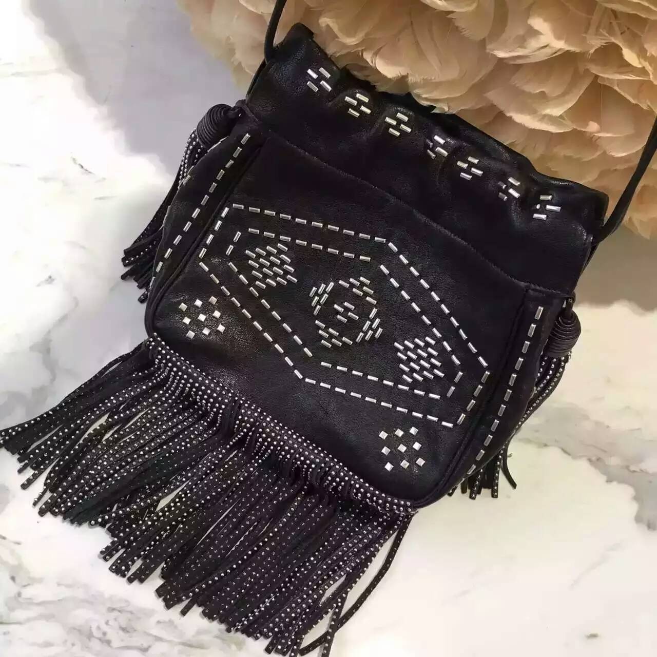 Limited Edition!2016 New Saint Laurent Bag Cheap Sale-Saint Laurent Small Helena Fringed Bucket Bag in Black Leather and Oxidized Nickel - Click Image to Close