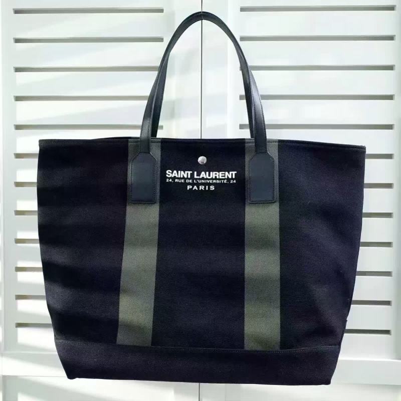 Limited Edition!2016 Cheap YSL Out Sale with Free Shipping-Saint Laurent Beach Shopping East/West Tote Bag in Black and Khaki Canvas and Black Leather