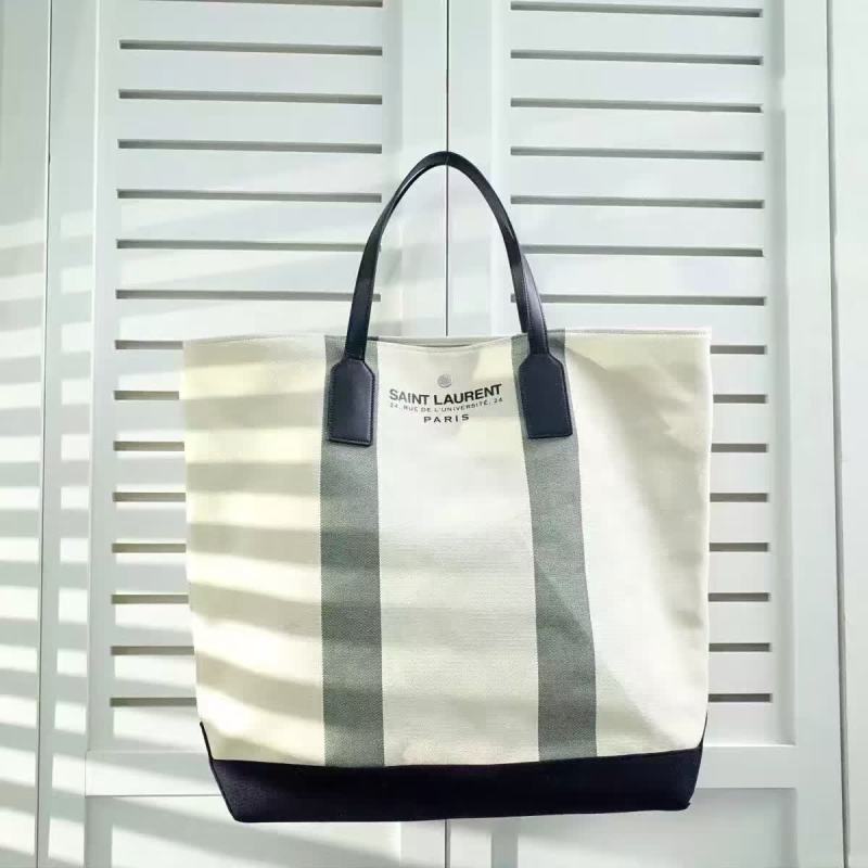 Limited Edition!2016 Cheap YSL Out Sale with Free Shipping-Saint Laurent Beach Shopping East/West Tote Bag in Light Beige and Khaki Canvas and Black Leather