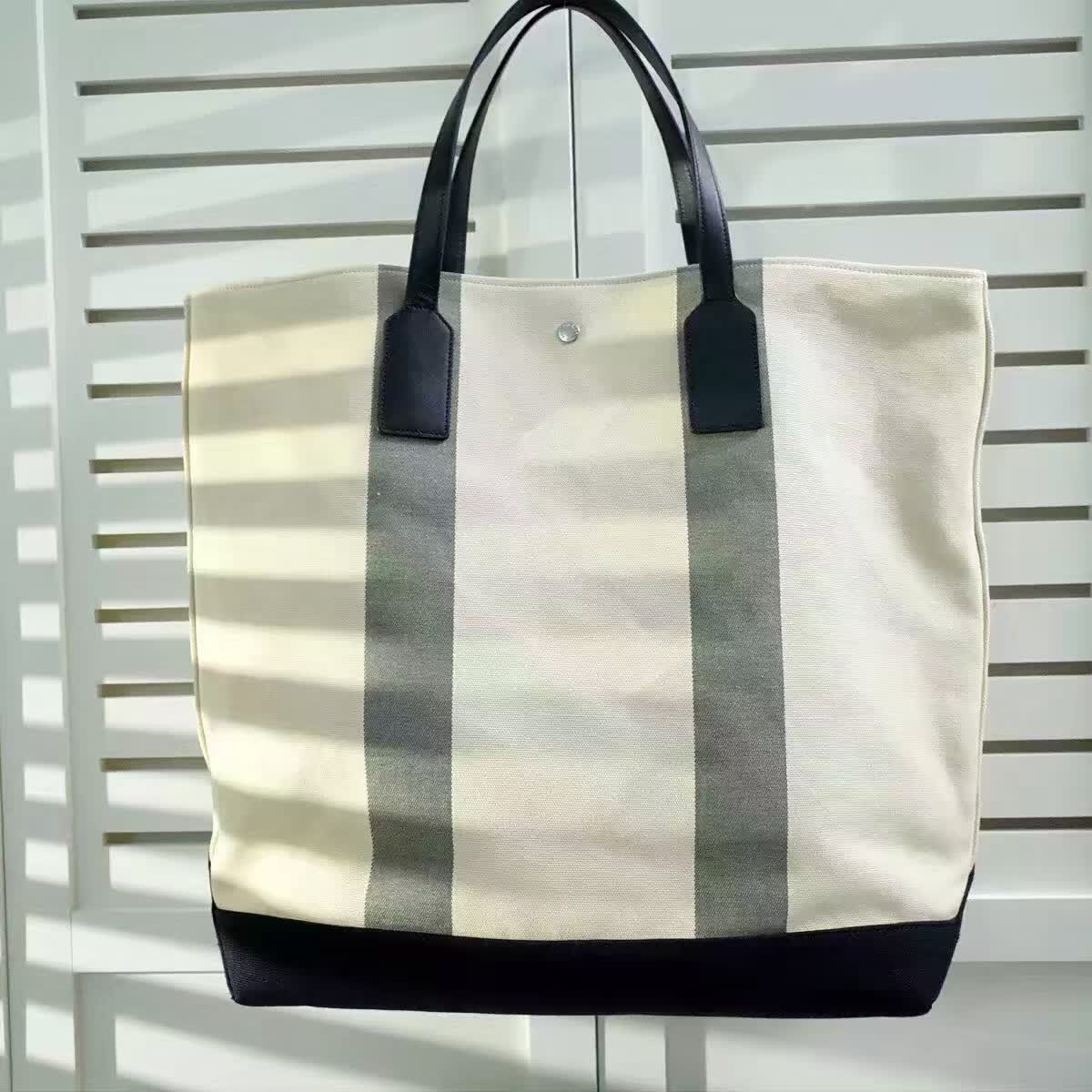 Limited Edition!2016 Cheap YSL Out Sale with Free Shipping-Saint Laurent Beach Shopping East/West Tote Bag in Light Beige and Khaki Canvas and Black Leather - Click Image to Close