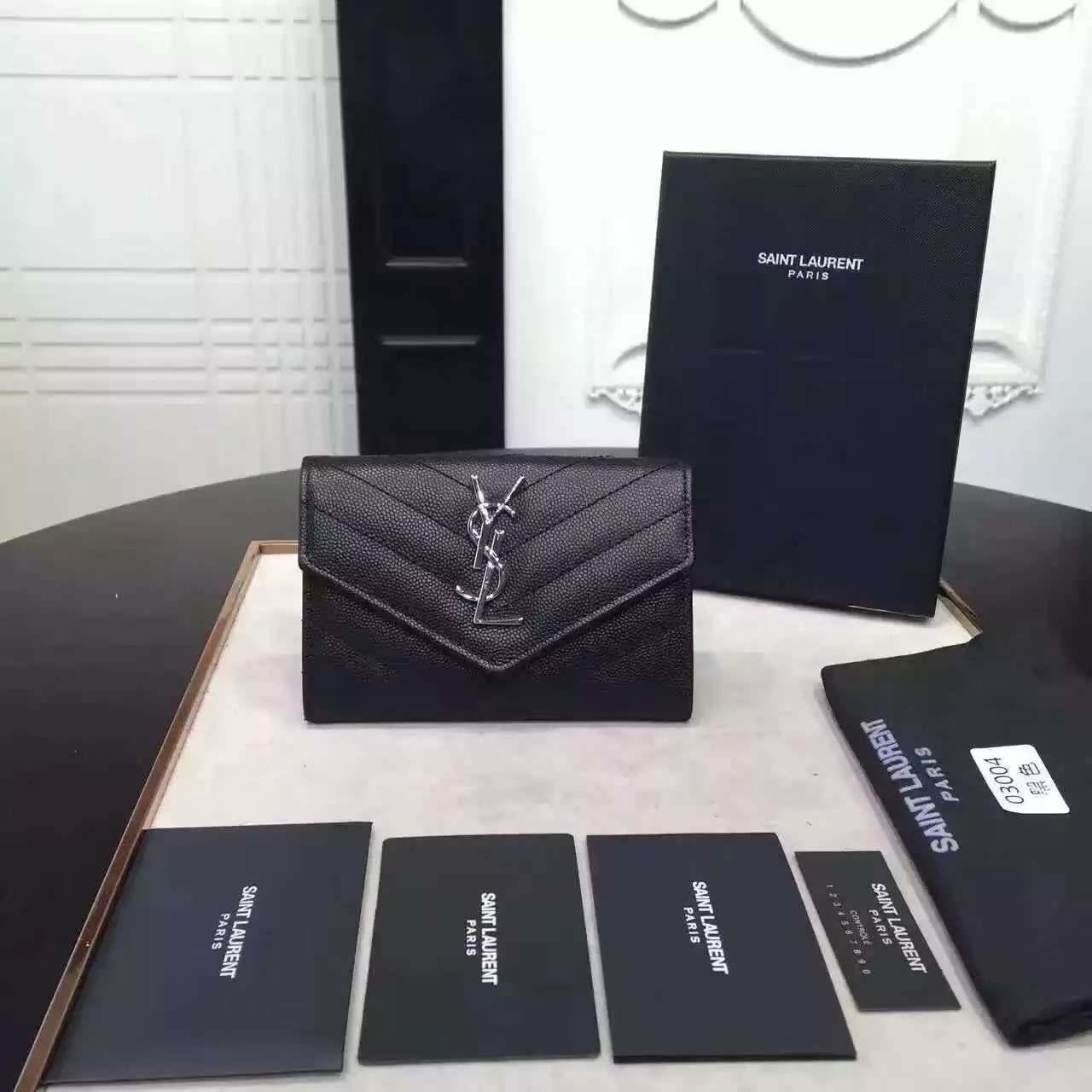2016 Cheap YSL Out Sale with Free Shipping-Saint Laurent Envelope Wallet in Black Grain de Poudre Textured Matelassé Leather