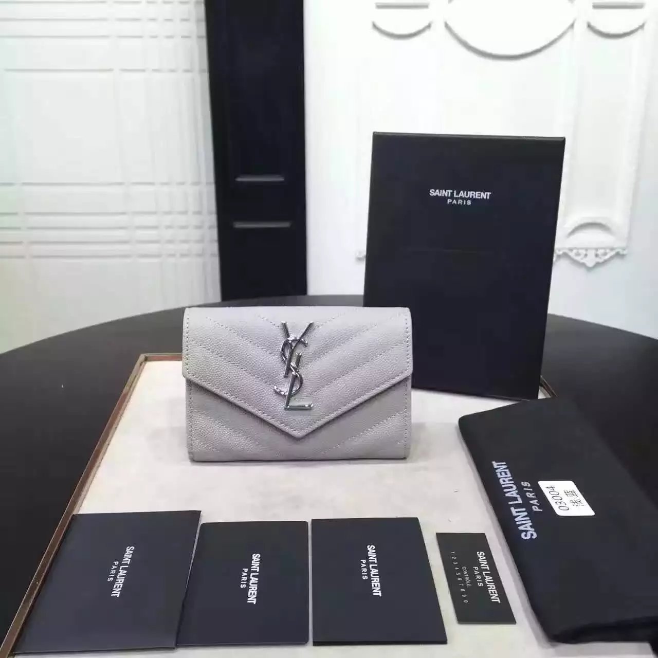 2016 Cheap YSL Out Sale with Free Shipping-Saint Laurent Envelope Wallet in Light Grey Grain de Poudre Textured Matelassé Leather