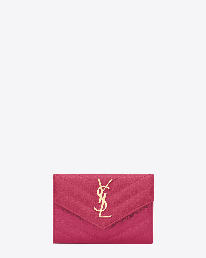 2016 Cheap YSL Out Sale with Free Shipping-Saint Laurent Envelope Wallet in Lipstick Fuchsia Grain de Poudre Textured Matelassé Leather