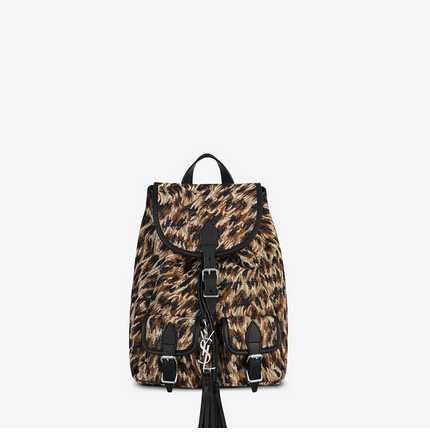 Limited Edition!2016 New Saint Laurent Bag Cheap Sale-Saint Laurent Small Festival Backpack in Natural and Black Leopard Woven Polyester and Cotton and Black Leather