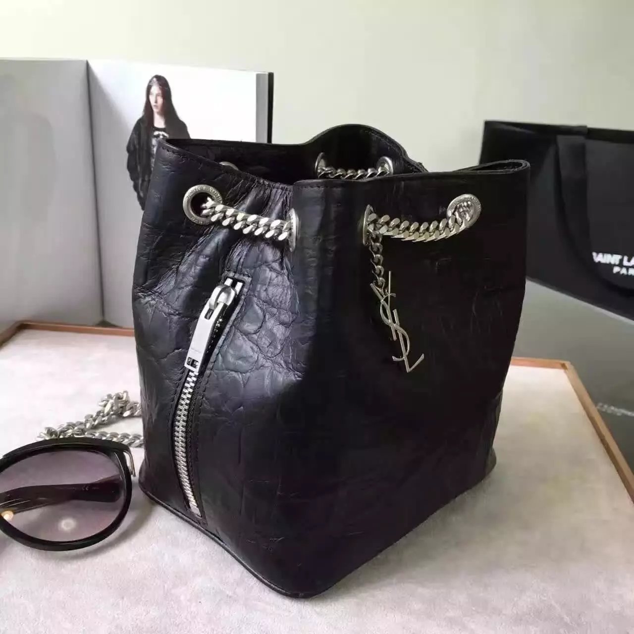 Limited Edition!2016 New Saint Laurent Bag Cheap Sale-Saint Laurent Classic Baby Emmanuelle Chain Bucket Bag in Black Crocodile Embossed Leather - Click Image to Close