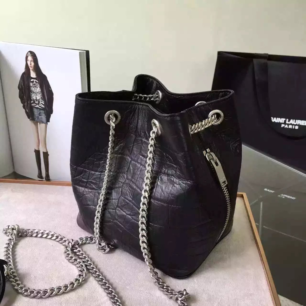 Limited Edition!2016 New Saint Laurent Bag Cheap Sale-Saint Laurent Classic Baby Emmanuelle Chain Bucket Bag in Black Crocodile Embossed Leather - Click Image to Close