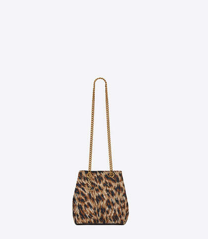 Limited Edition!2016 New Saint Laurent Bag Cheap Sale-Saint Laurent Classic Baby Emmanuelle Chain Bucket Bag in Natural and Black Leopard Woven Polyester and Cotton