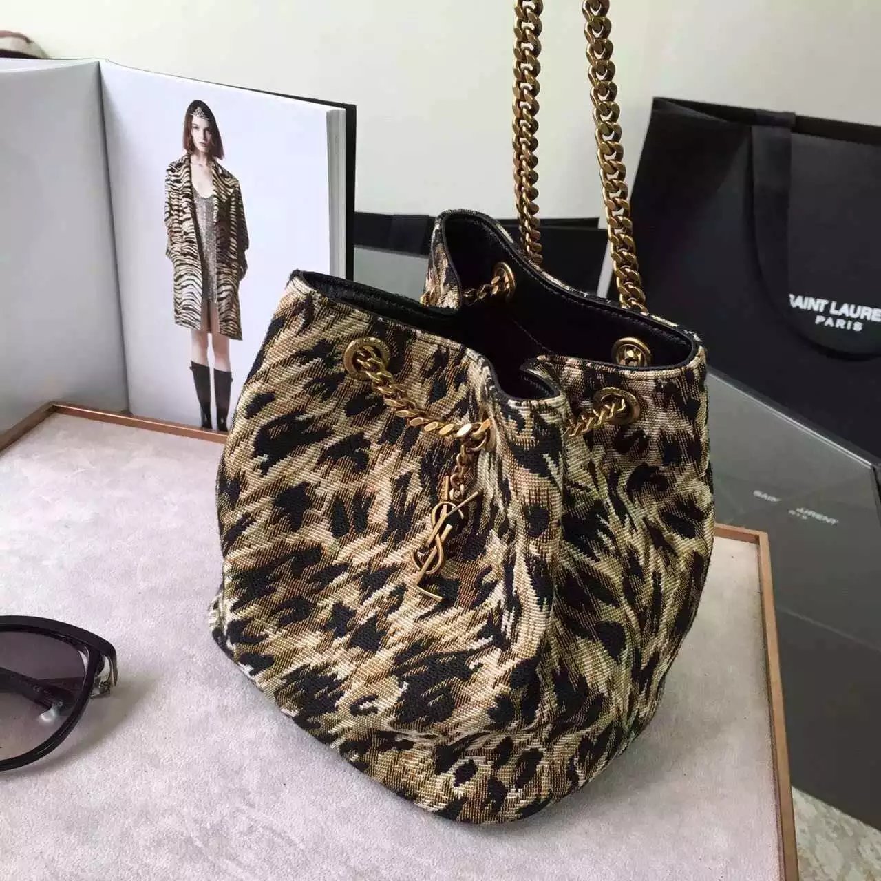 Limited Edition!2016 New Saint Laurent Bag Cheap Sale-Saint Laurent Classic Baby Emmanuelle Chain Bucket Bag in Natural and Black Leopard Woven Polyester and Cotton - Click Image to Close