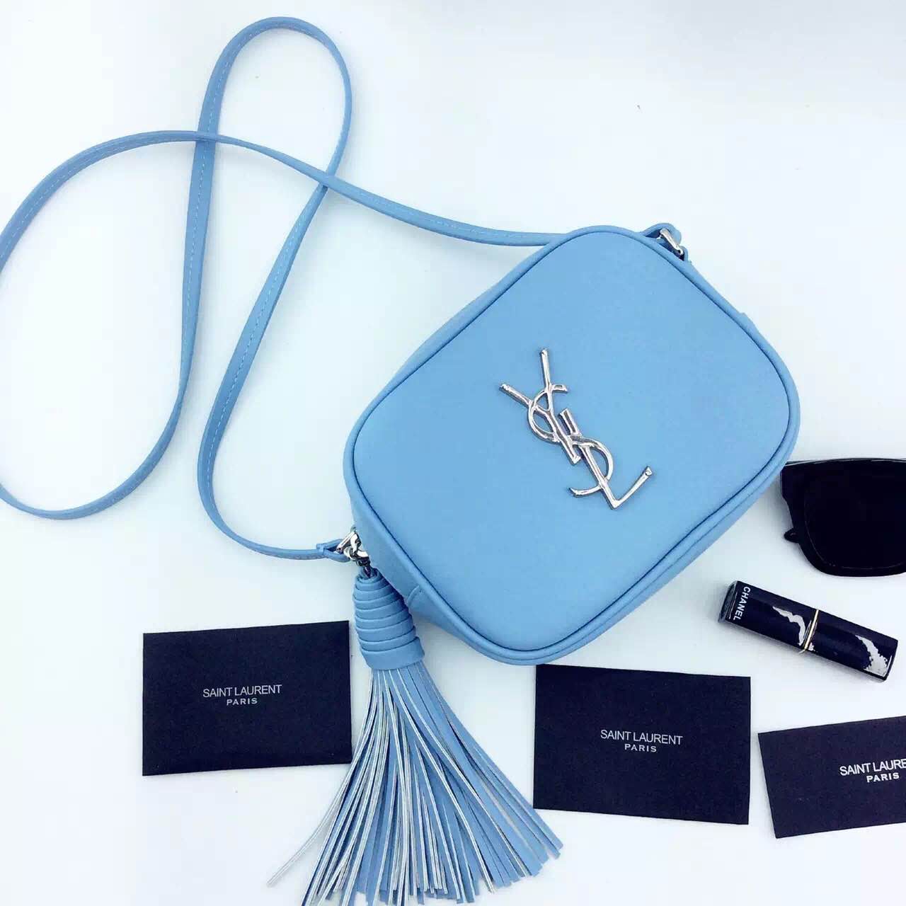 New Arrival!2016 Cheap YSL Out Sale with Free Shipping-Saint Laurent Monogram Medium Blogger Bag in Light Blue Leather