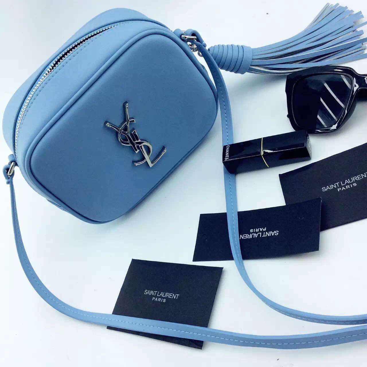 New Arrival!2016 Cheap YSL Out Sale with Free Shipping-Saint Laurent Monogram Medium Blogger Bag in Light Blue Leather - Click Image to Close