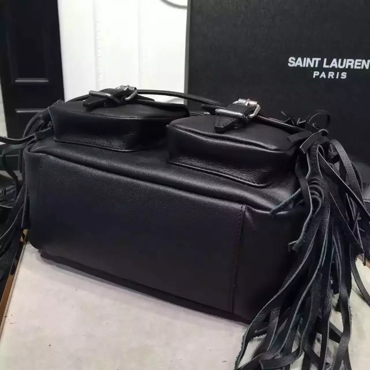 2016 Saint Laurent Bags Cheap Sale-Saint Laurent Small Festival Fringed Backpack in Black Leather - Click Image to Close