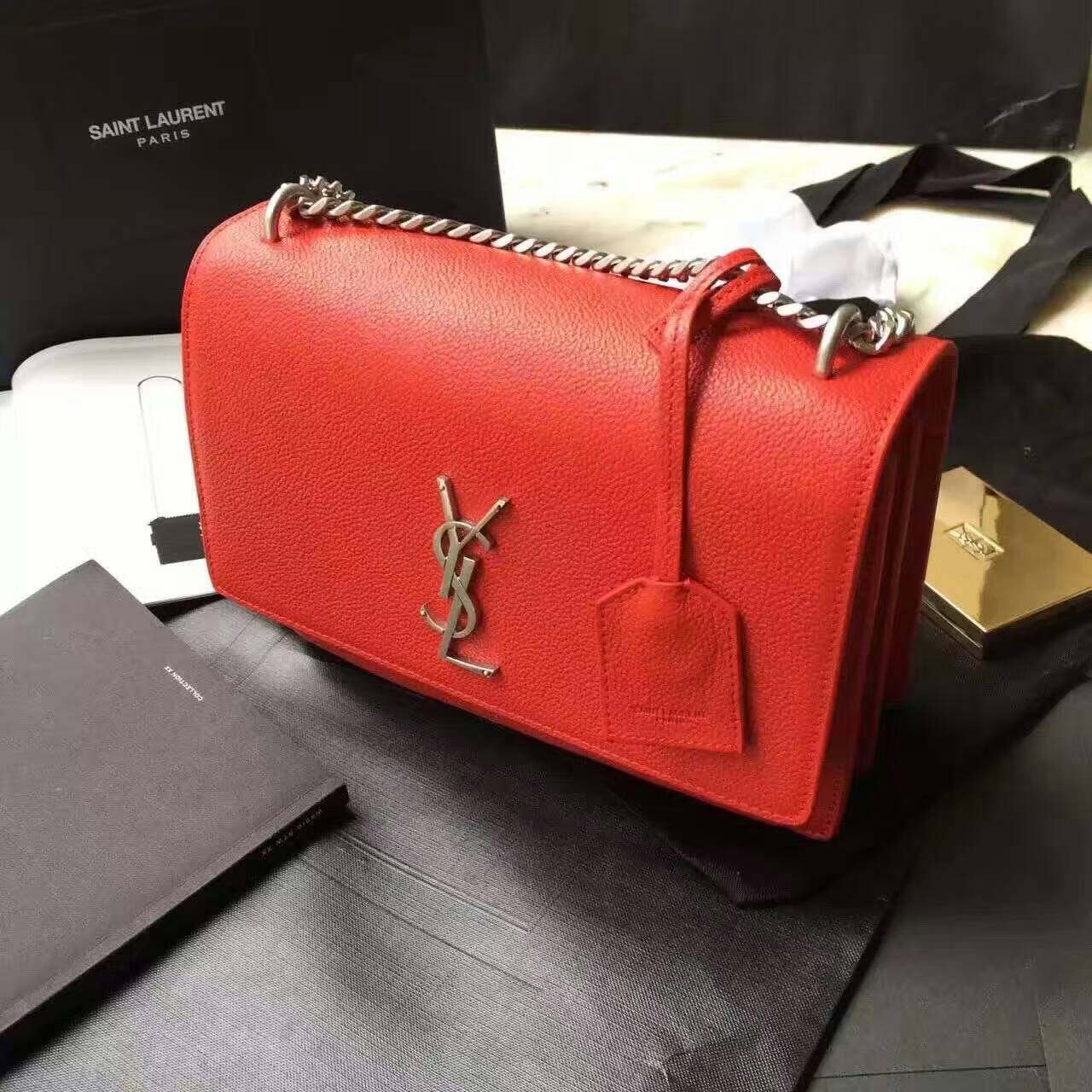 Limited Edition!2016 Saint Laurent Bags Cheap Sale-Saint Laurent Medium Sunset Monogram Bag in Red Grained Leather