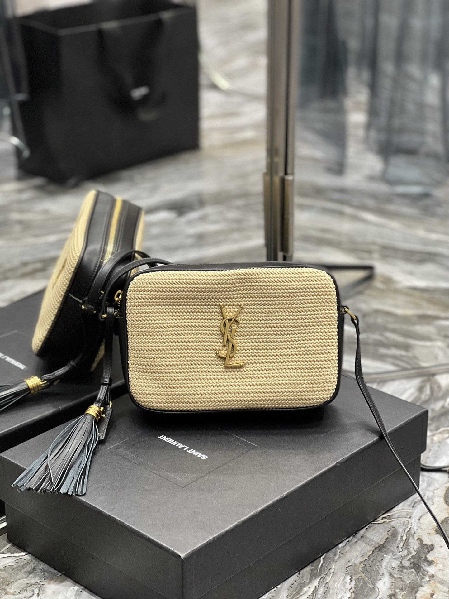 2022 Saint Laurent lou camera bag in raffia and smooth leather