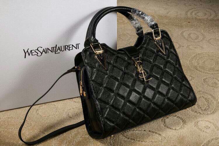 2015 New Saint Laurent Bag Cheap Sale-Saint Laurent Top Handle Bag in Black Lozenge Pattern Calfskin Leather