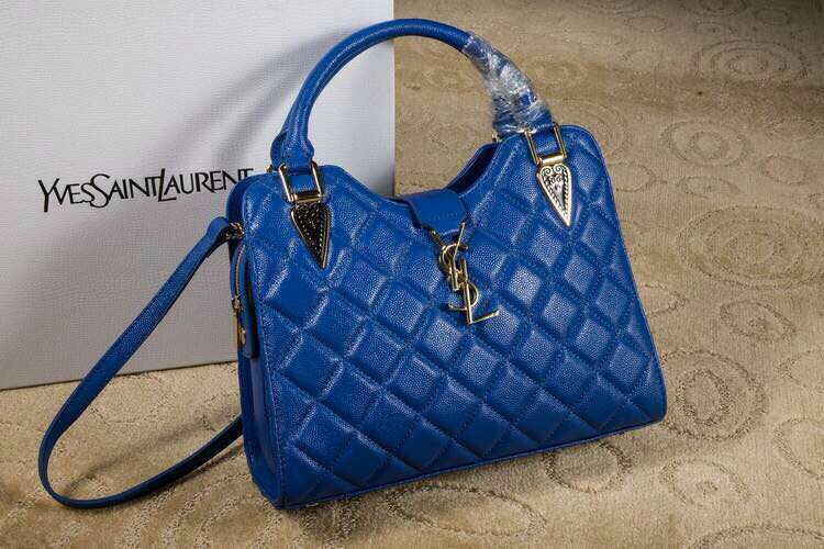 2015 New Saint Laurent Bag Cheap Sale-Saint Laurent Top Handle Bag in Royal Blue Lozenge Pattern Calfskin Leather