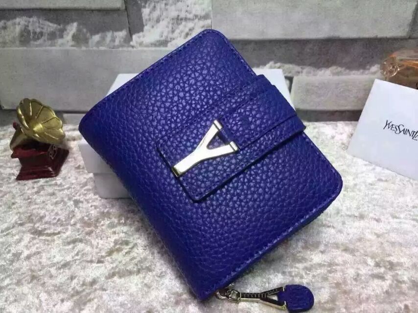 2015 New Saint Laurent Bag Cheap Sale-YSL Wallet in Blue Grained Calfskin Leather - Click Image to Close