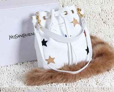 YSL 2015 Fashion Show Collection Outlet_Saint Laurent EMMANUELLE BUCKET BAG in White Grain Leather with Multicolour Star Patches