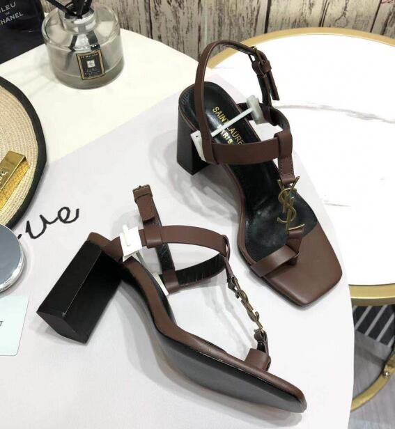 2021 cheap Saint Laurent cassandra sandals in smooth leather with gold-tone monogram DARK CHOCOLATE