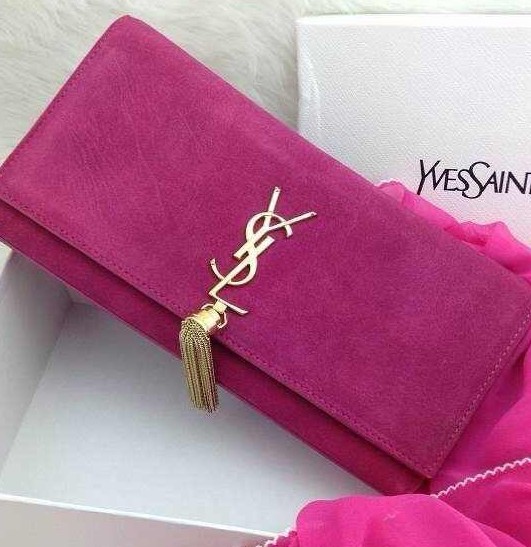 -2014 latest YSL Classic Monogramme Tassel Clutch suede leather hotpink