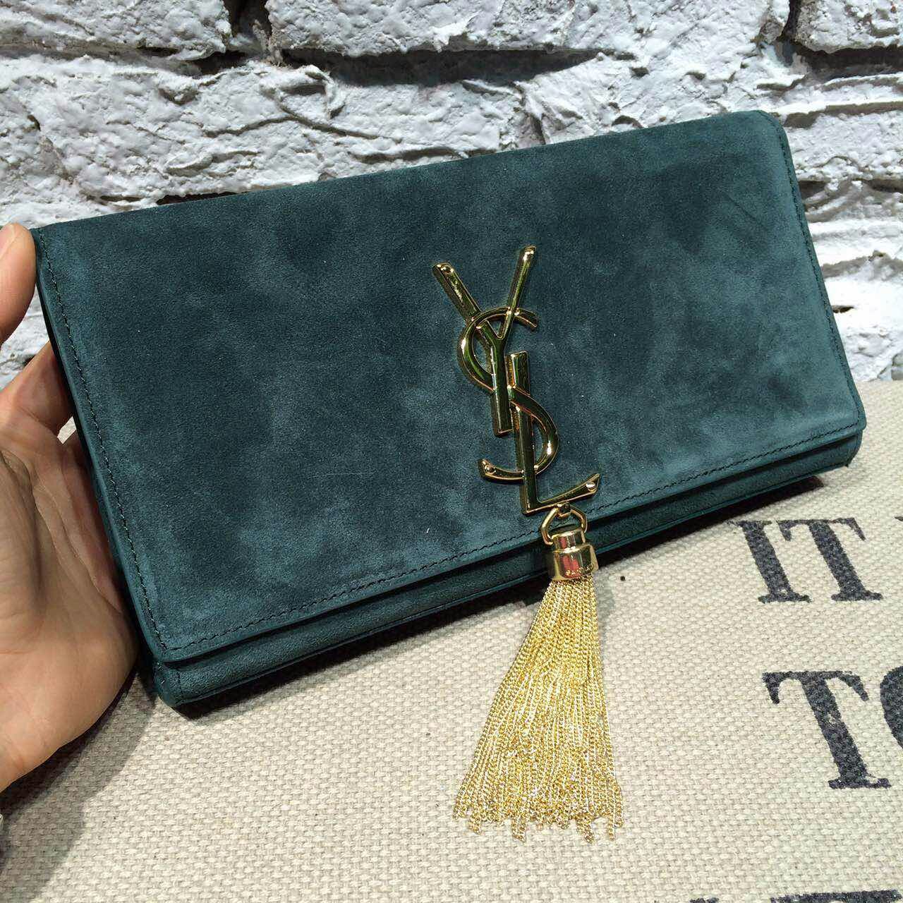 -2014 latest YSL Classic Monogramme Tassel Clutch suede leather green