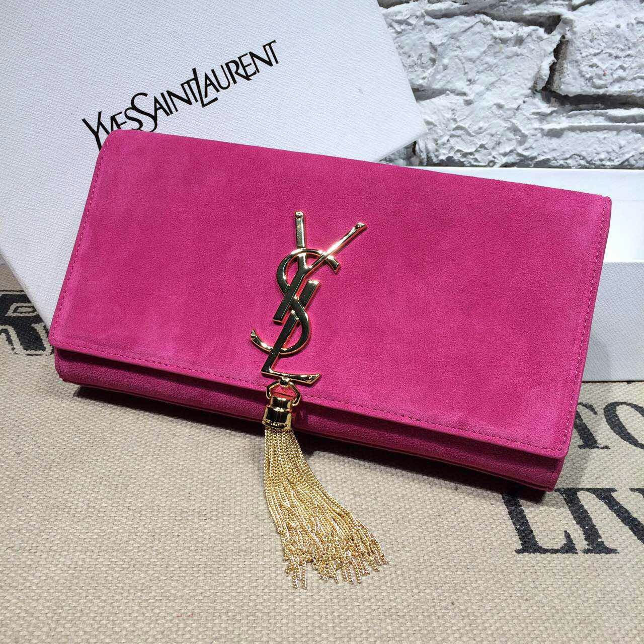 -2014 latest YSL Classic Monogramme Tassel Clutch suede leather hotpink