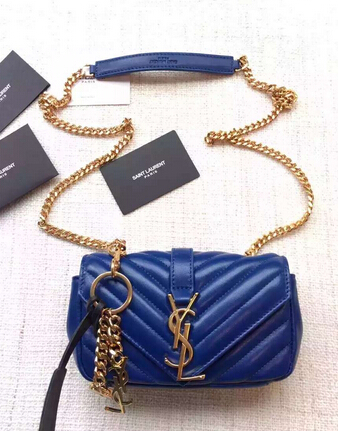Spring 2016 Saint Laurent Bags Cheap Sale-Saint Laurent Classic Baby Monogram Chain Bag in Electric Blue Grainy Matelasse Leather with Gold-Toned 