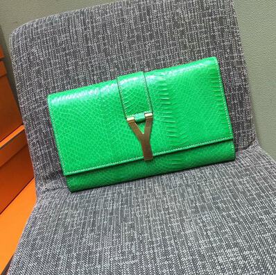 2015 New Saint Laurent Bag Cheap Sale-Saint Laurent Classic Y Clutch in Light Green Snake Leather