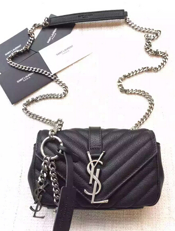 S/S 2016 Saint Laurent Bags Cheap Sale-Saint Laurent Classic Baby Monogram Chain Bag in Black Grainy Matelasse Leather with Silver-Toned 