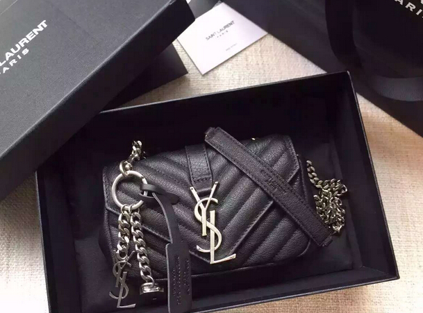 S/S 2016 Saint Laurent Bags Cheap Sale-Saint Laurent Classic Baby Monogram Chain Bag in Black Grainy Matelasse Leather with Silver-Toned "YSL" - Click Image to Close