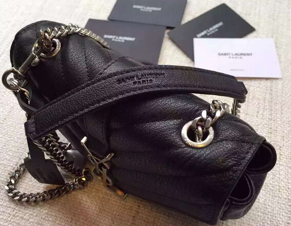 S/S 2016 Saint Laurent Bags Cheap Sale-Saint Laurent Classic Baby Monogram Chain Bag in Black Grainy Matelasse Leather with Silver-Toned "YSL" - Click Image to Close