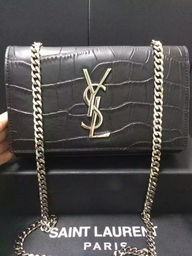 2015 New Saint Laurent Catwalk Collection Cheap Sale-YSL Chain Shoulder Bag in Black Embossed Crocodile Leather