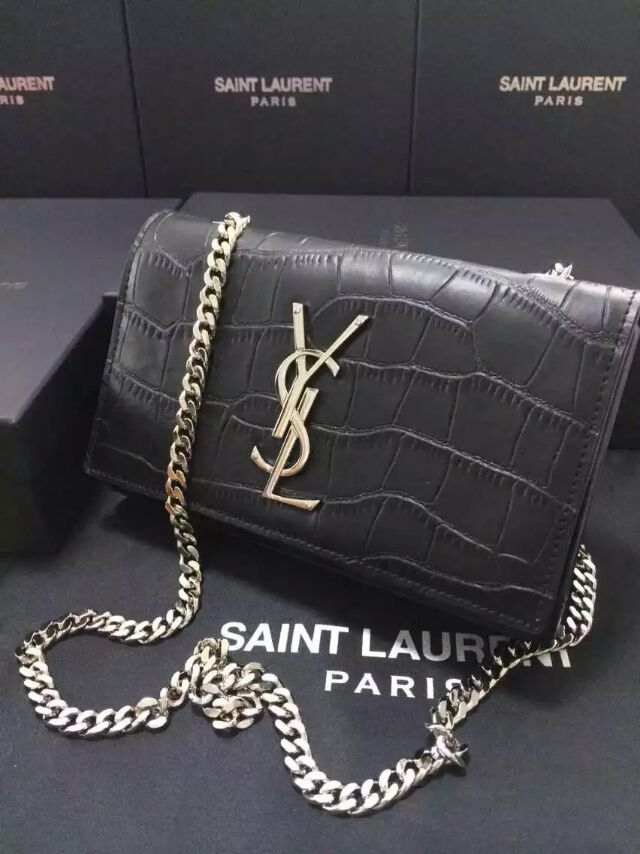 2015 New Saint Laurent Catwalk Collection Cheap Sale-YSL Chain Shoulder Bag in Black Embossed Crocodile Leather - Click Image to Close