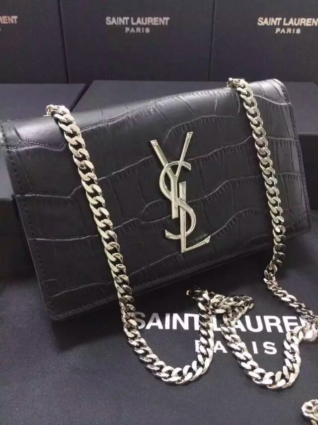 2015 New Saint Laurent Catwalk Collection Cheap Sale-YSL Chain Shoulder Bag in Black Embossed Crocodile Leather - Click Image to Close