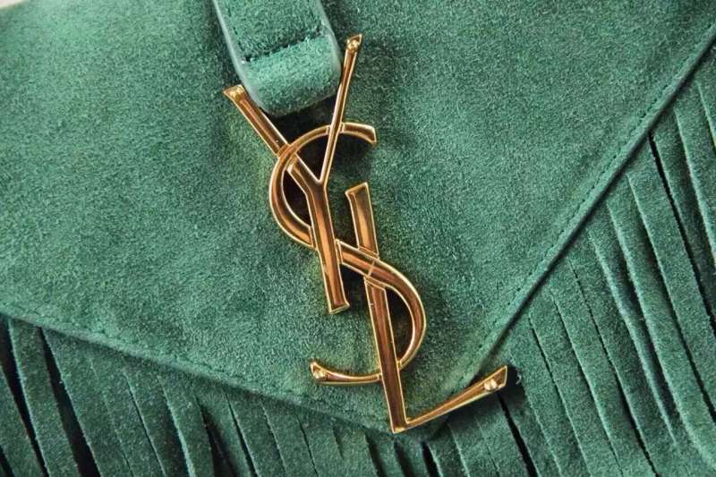 2016 Saint Laurent Bags Cheap Sale-Saint Laurent Classic small Monogram Fringed Satchel in Green Suede - Click Image to Close