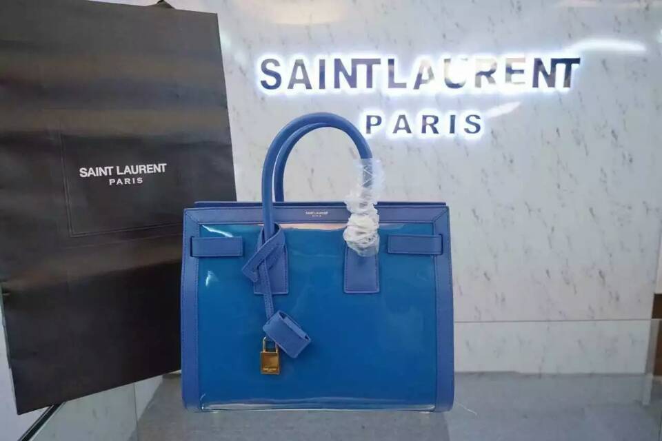 F/W 2015 New Saint Laurent Bag Cheap Sale-Saint Laurent Large SAC DE JOUR Bag in Lake Blue Patent Leather