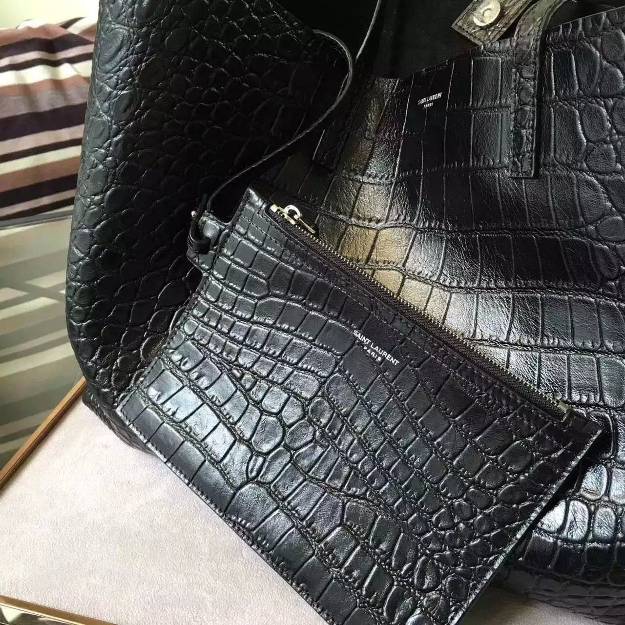 2016 New Saint Laurent Bag Cheap Sale-Saint Laurent Large Shopping Tote Bag in Black Crocodile Embossed Leather - Click Image to Close