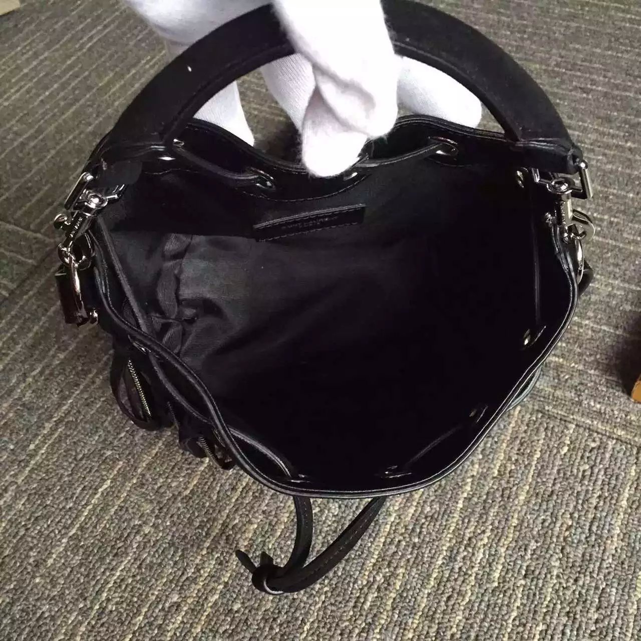 2016 New Saint Laurent Bag Cheap Sale-Saint Laurent Small Black Emmanuelle Bucket Bag with Black Suede Fringe - Click Image to Close