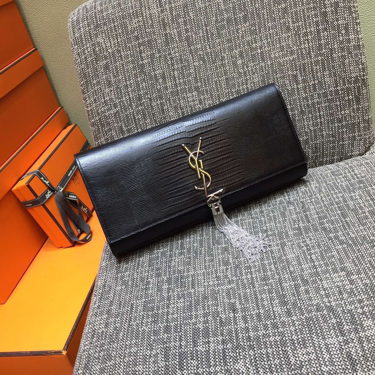 2015 New YSL Bag Cheap Sale-Saint Laurent Classic Monogram Tassel Clutch in Black Lizard Embossed Leather