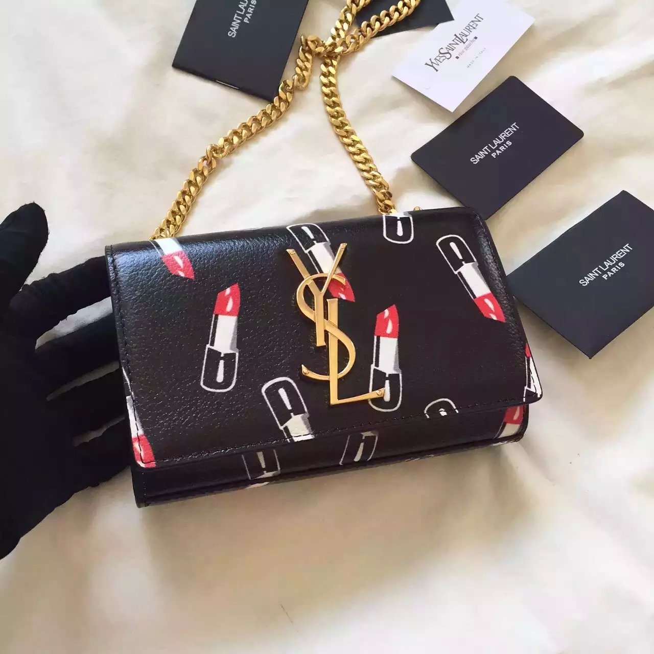 2015 New Saint Laurent Bag Cheap Sale-Saint Laurent Classic Monogram Satchel in Black,Red and White Lipstick Printed Leather - Click Image to Close