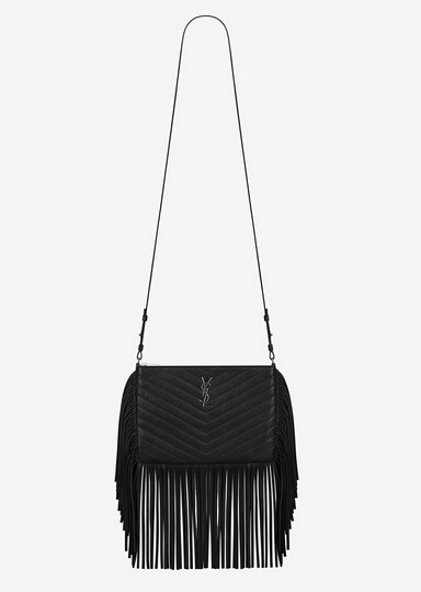 2015 New Saint Laurent Bag Cheap Sale-Saint Laurent Small Monogram Fringed Crossbody Bag in Black Matelasse Leather