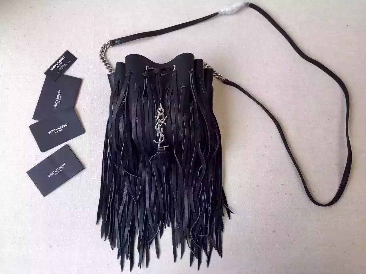 2015 New Saint Laurent Bag Cheap Sale-Saint Laurent Emmanuelle Fringed Bucket Bag in Black Leather